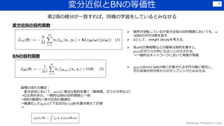変分近似とBNの等価性
Wakasugi, Panasonic Corp.
9
第2項の微分が一致すれば，同様の学習をしているとみなせる
 順序が逆転しているが変分近似の目的関数においても，𝜔
はBNの平均分散を指す．
 Ωとして、weight decayを考える．
 各unitが無相関などの簡単な制約を課すと，
𝑝 𝜔 がガウス分布になることが示される．
→一般的なネットワークにおいて両者が等価
 𝑞 𝜃(𝜔)はmini-batch毎に計算される平均分散に相当し，
それ自身が同分布からのサンプリングとみなせる．
変分近似の目的関数
BNの目的関数
論理の流れの補足：
変分近似において，𝑝 𝜔 に適当な制約を置く（無相関，ガウス分布など）
→l2正則付きの，一般的なBNの目的関数と一致
→BNの最適化=変分近似の最適化
→最適化した𝑞 𝜃(𝜔)で下記式の𝑝 (𝜔|𝑫)を置き換えて計算
→
 