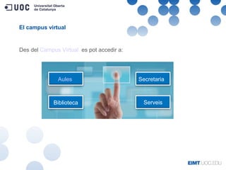 Des del Campus Virtual es pot accedir a:
El campus virtual
Aules Secretaria
ServeisBiblioteca
 