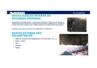 REUTILITZACIÓ INTERNA DE
MATERIES PRIMERES
• Recuperació en Origen de PVC ( reincorpora ) CEPEX,S.A.U fabrica accessoris per la
conducció de fluids i genera en el procés d’injecció peces i colades que es reciclen en
el propi centre per a emprar com a matèria primera en el propi procés de producció.
• Reutilització de materies primeres termoplàstiques (PP, ABS,PVC)
GESTIÓ EXTERNA PER
VALORITZACIÓ
27- Company Confidential -
GESTIÓ EXTERNA PER
VALORITZACIÓ
• Materies primeres termoplàstiques ( PP amb fibra , PC ,..)
• Paper i cartró
• Film
• Envasos
• Palets
 