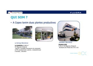 • A Cepex tenim dues plantes productives
QUI SOM ?
3- Company Confidential -
La Garriga (Barcelona)
Granollers (Barcelona)
LA GARRIGA-33.000 m2 -
47 Màquines d’injecció
Injecció i muntatge d’accessoris de compressió
en PP, accessoris per a piscina , components per
a bombes , valvuleria
GRANOLLERS
4.700 m2-26 Màquines d’Injecció
Accessoris de Pressió de D.16 a 315
 