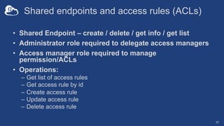 Shared endpoints and access rules (ACLs)
• Shared Endpoint – create / delete / get info / get list
• Administrator role required to delegate access managers
• Access manager role required to manage
permission/ACLs
• Operations:
– Get list of access rules
– Get access rule by id
– Create access rule
– Update access rule
– Delete access rule
22
 