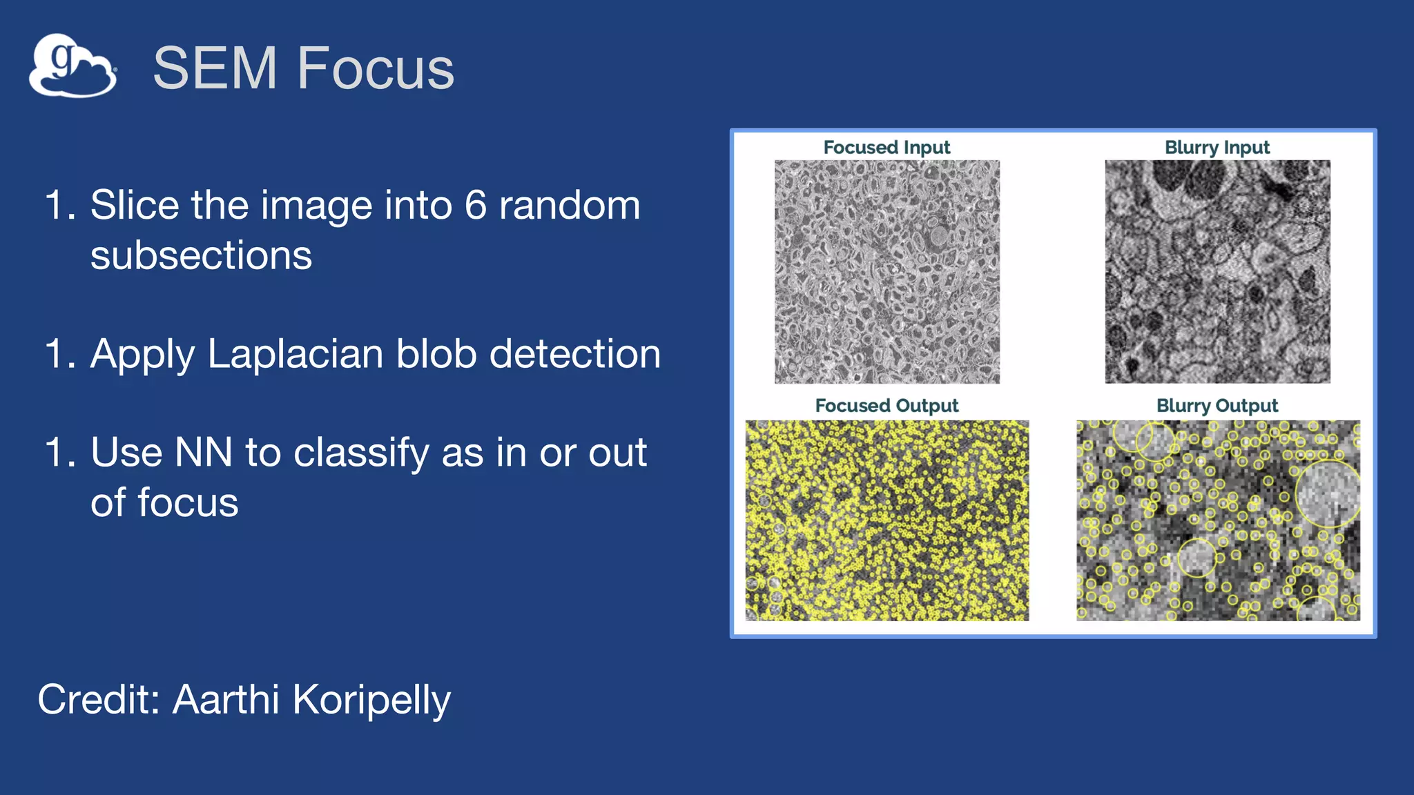 SEM Focus
1. Slice the image into 6 random
subsections
1. Apply Laplacian blob detection
1. Use NN to classify as in or out
of focus
Credit: Aarthi Koripelly
 