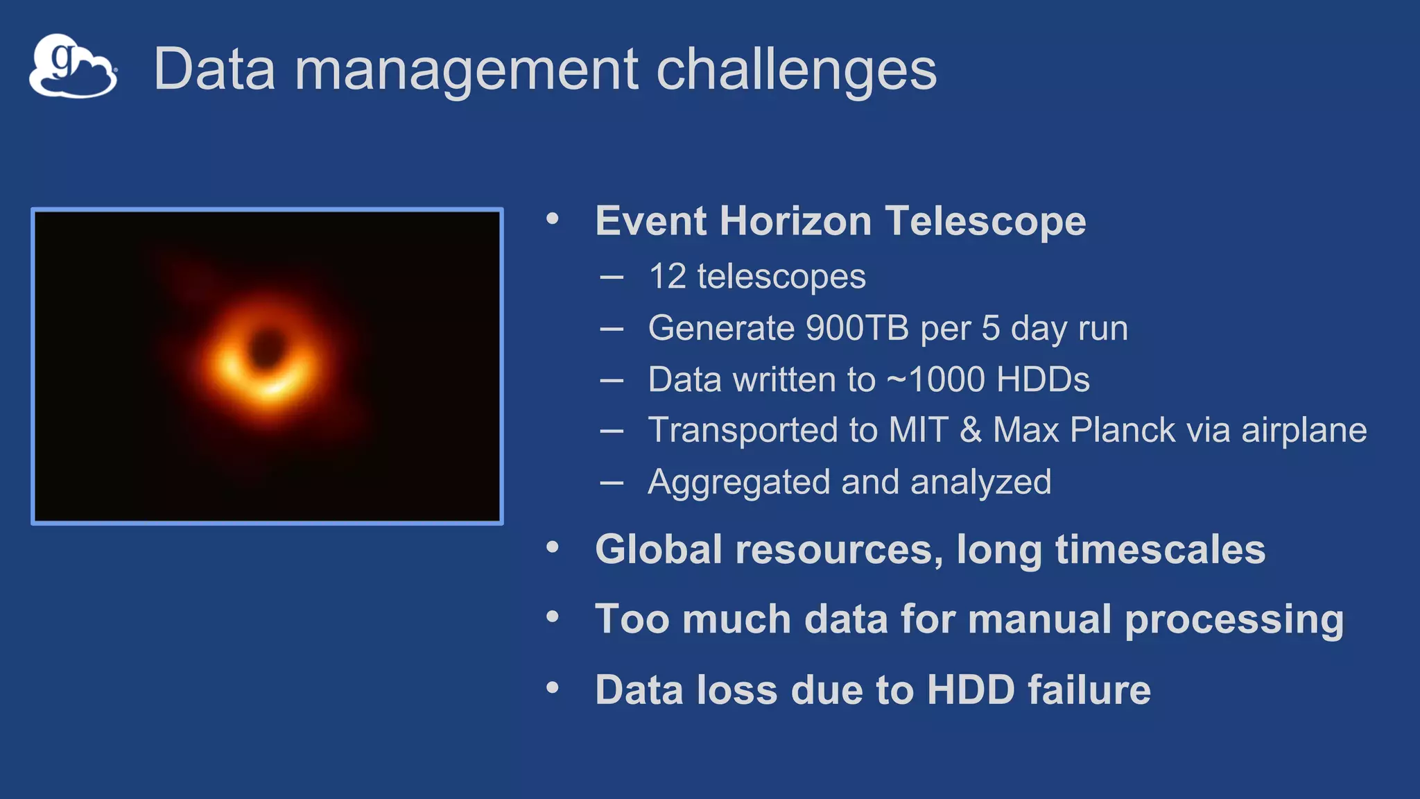 Data management challenges
• Event Horizon Telescope
– 12 telescopes
– Generate 900TB per 5 day run
– Data written to ~1000 HDDs
– Transported to MIT & Max Planck via airplane
– Aggregated and analyzed
• Global resources, long timescales
• Too much data for manual processing
• Data loss due to HDD failure
 