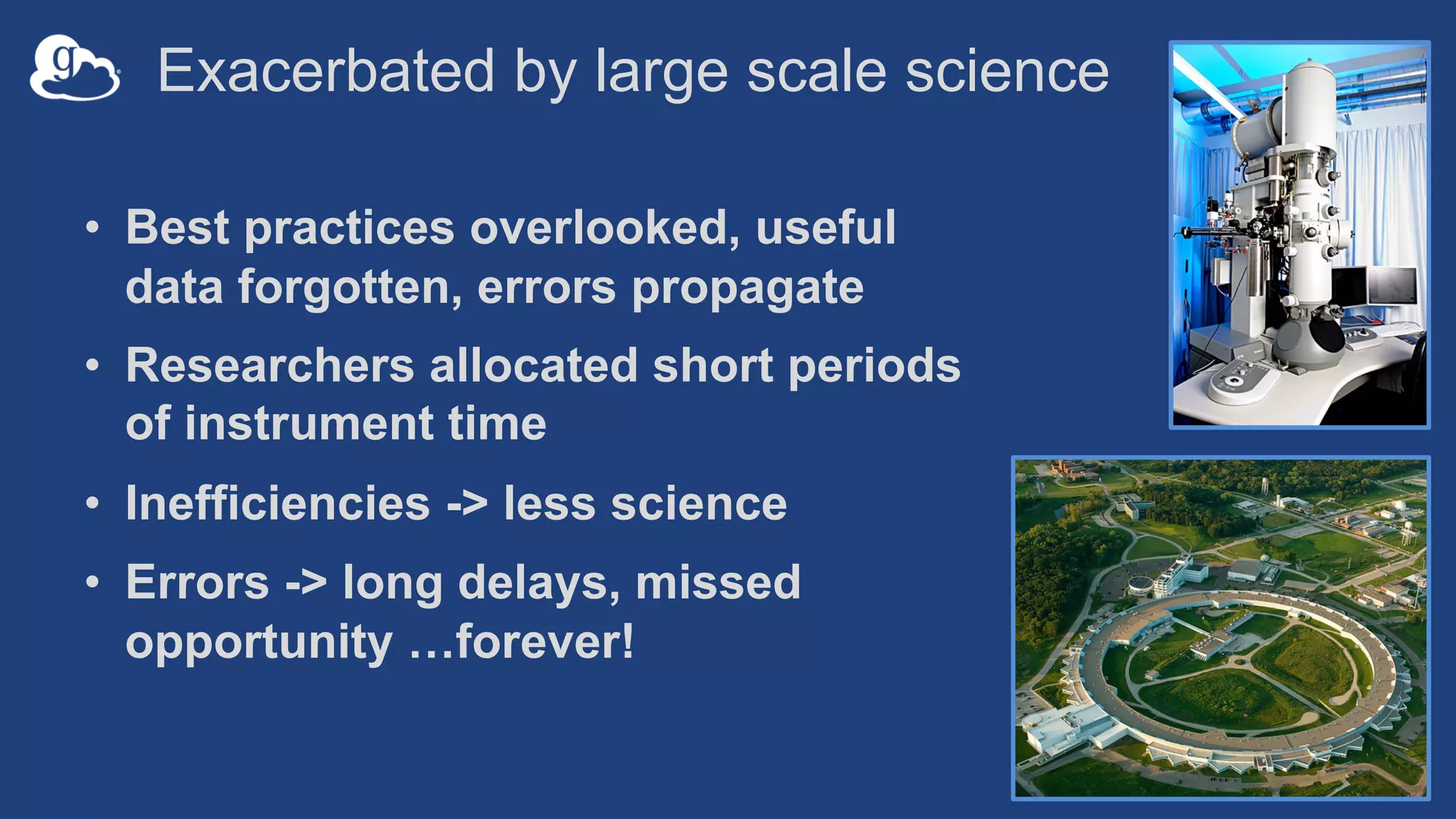 Exacerbated by large scale science
• Best practices overlooked, useful
data forgotten, errors propagate
• Researchers allocated short periods
of instrument time
• Inefficiencies -> less science
• Errors -> long delays, missed
opportunity …forever!
 