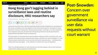22
Post-Snowden:
Concern over
government
surveillance via
user data
requests without
court warrant