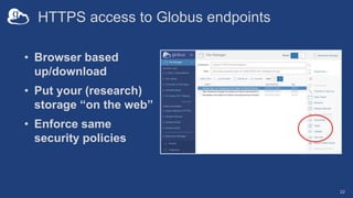 HTTPS access to Globus endpoints
• Browser based
up/download
• Put your (research)
storage “on the web”
• Enforce same
security policies
22
 