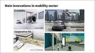 2
Main innovations in mobility sector
E-mobility
Source: ABB
Cooperative ITS
Source: Continental
Autonomous
Driving
Source...