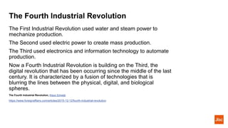 The Fourth Industrial Revolution
The First Industrial Revolution used water and steam power to
mechanize production.
The S...