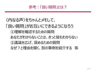 参考：「良い質問」とは？
〈内なる声〉をちゃんとメモして、
「良い質問」がお互いにできるようになろう
①理解を確認するための質問
あなたがわからないことは、きっと皆もわからない
②議論を広げ、深めるための質問
なぜ？と理由を聞く、別の事例を紹介する 等
p.13
 