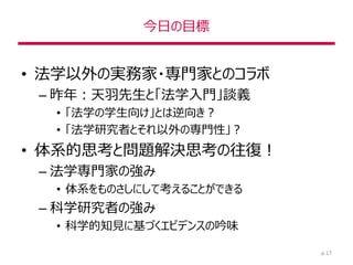 今日の目標
• 法学以外の実務家・専門家とのコラボ
– 昨年：天羽先生と「法学入門」談義
• 「法学の学生向け」とは逆向き？
• 「法学研究者とそれ以外の専門性」？
• 体系的思考と問題解決思考の往復！
– 法学専門家の強み
• 体系をものさしにして考えることができる
– 科学研究者の強み
• 科学的知見に基づくエビデンスの吟味
p.17
 