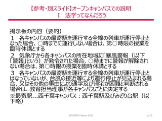【参考・別スライド】オープンキャンパスでの説明
Ⅰ 法学ってなんだろう
掲示板の内容（要約）
１ 各キャンパスの最寄駅を運行する全線の列車が運行停止と
なった場合、○時までに運行しない場合は、第○時限の授業を
臨時休講とする
２ 気象庁から各キャンパスの所在地域に「暴風警報（以下
「警報」という）が発令された場合、○時までに警報が解除され
ない場合は、第○時限の授業を臨時休講とする
３ 各キャンパスの最寄駅を運行する全線の列車が運行停止と
はなっていないが、台風の接近等により運行停止が見込まれる場
合、又はその他の事由により通学及び帰宅が困難と判断される
場合は、教育担当理事が各キャンパスごとに決定する
※最寄駅...西千葉キャンパス：西千葉駅及びみどり台駅（以
下略）
©YOKOTA Akemi 2015 p.27
 