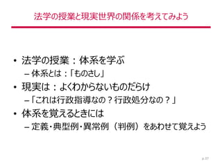 法学の授業と現実世界の関係を考えてみよう
• 法学の授業：体系を学ぶ
– 体系とは：「ものさし」
• 現実は：よくわからないものだらけ
– 「これは行政指導なの？行政処分なの？」
• 体系を覚えるときには
– 定義・典型例・異常例（判例）をあわせて覚えよう
p.37
 