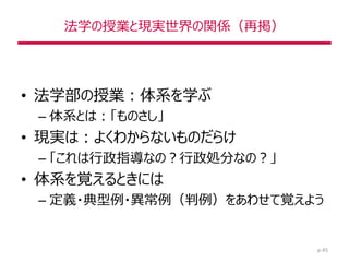 法学の授業と現実世界の関係（再掲）
• 法学部の授業：体系を学ぶ
– 体系とは：「ものさし」
• 現実は：よくわからないものだらけ
– 「これは行政指導なの？行政処分なの？」
• 体系を覚えるときには
– 定義・典型例・異常例（判例）をあわせて覚えよう
p.45
 