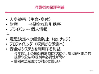消費者の保護利益
• 人身被害（生命・身体）
• 財産 →健全な取引秩序
• プライバシー・個人情報
＋
• 意思決定への侵食防止（ex.ナッジ）
• プロファイリング（収集から予測へ）
• 安全なシステムを利用する利益
– 今まで以上に個別的法益になりにくく、集団的・集合的
規律や公法的規制の必要性が高い
– 個別の法制度での対応は難しい
p.57
 