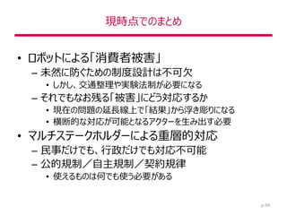 現時点でのまとめ
• ロボットによる「消費者被害」
– 未然に防ぐための制度設計は不可欠
• しかし、交通整理や実験法制が必要になる
– それでもなお残る「被害」にどう対応するか
• 現在の問題の延長線上で「結果」から浮き彫りになる
• 横断的な対応が可能となるアクターを生み出す必要
• マルチステークホルダーによる重層的対応
– 民事だけでも、行政だけでも対応不可能
– 公的規制／自主規制／契約規律
• 使えるものは何でも使う必要がある
p.59
 