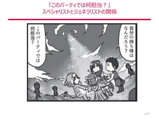 「このパーティでは何担当？」
スペシャリストとジェネラリストの関係
p.61
 
