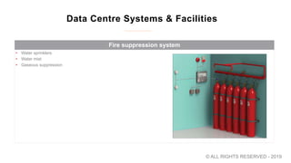 Data Centre Systems & Facilities
Fire suppression system
• Water sprinklers
• Water mist
• Gaseous suppression
© ALL RIGHTS RESERVED - 2019
 