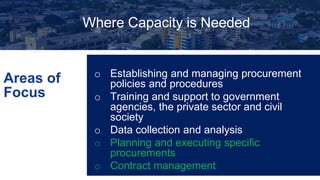 Areas of
Focuswe
do…
o Establishing and managing procurement
policies and procedures
o Training and support to government
agencies, the private sector and civil
society
o Data collection and analysis
o Planning and executing specific
procurements
o Contract management
Where Capacity is Needed
 