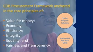 CDB Procurement Framework anchored
in the core principles of:
• Value for money;
• Economy;
• Efficiency;
• Integrity;
• Equality; and
• Fairness and transparency.
“Fit-for-
Purpose”
Solutions
Harmonised
with other
MDBs
 