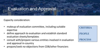 Evaluation and Approval
Capacity consideration:
• makeup of evaluation committee, including suitable
expertise
• define approach to evaluation and establish standard
evaluation sheets/templates
• consult with/prepare various entities involved in evaluation
and approval in-country
• prepare/seek no-objections from CDB/other financiers
CRITERIA
PEOPLE
PROCESS
 