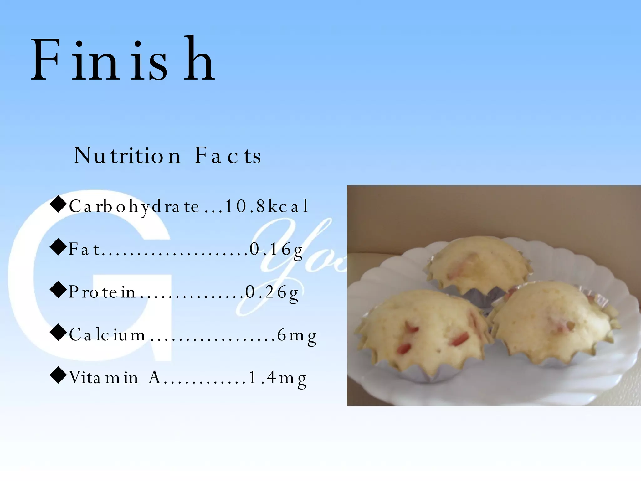 Finish Carbohydrate…10.8kcal Fat…………………0.16g Protein……………0.26g Calcium………………6mg Vitamin A…………1.4mg Nutrition Facts
