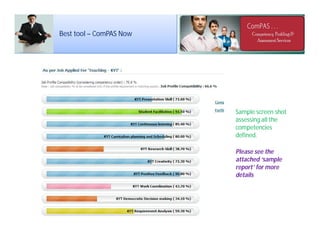 Best tool – ComPAS Now
Sample screen shot
assessing all the
competencies
defined.
Please see the
attached ‘sample
report’ for more
details
 