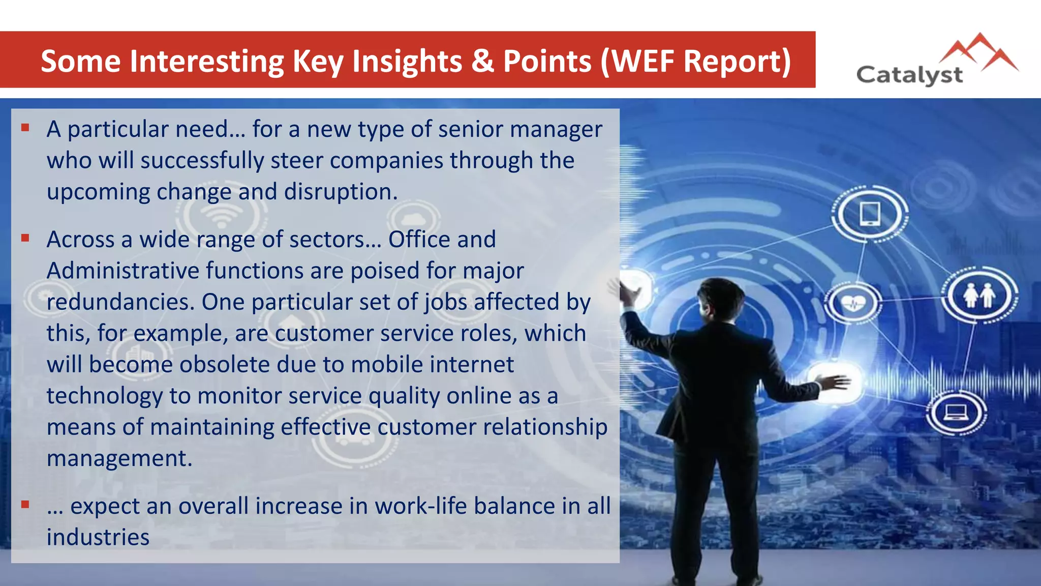 Some Interesting Key Insights & Points (WEF Report)
 A particular need… for a new type of senior manager
who will successfully steer companies through the
upcoming change and disruption.
 Across a wide range of sectors… Office and
Administrative functions are poised for major
redundancies. One particular set of jobs affected by
this, for example, are customer service roles, which
will become obsolete due to mobile internet
technology to monitor service quality online as a
means of maintaining effective customer relationship
management.
 … expect an overall increase in work-life balance in all
industries
 