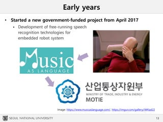 Early years
• Started a new government-funded project from April 2017
 Development of free-running speech
recognition technologies for
embedded robot system
13
Image: https://www.musicaslanguage.com/, https://imgur.com/gallery/iWKad22
 
