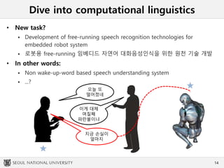 Dive into computational linguistics
• New task?
 Development of free-running speech recognition technologies for
embedded robot system
 로봇용 free-running 임베디드 자연어 대화음성인식을 위한 원천 기술 개발
• In other words:
 Non wake-up-word based speech understanding system
 ...?
14
오늘 또
떨어졌네
이게 대체
며칠째
파란불이냐
지금 손실이
얼마지
 