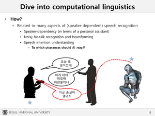 Dive into computational linguistics
• How?
 Related to many aspects of (speaker-dependent) speech recognition
• Speaker-dependency (in terms of a personal assistant)
• Noisy far-talk recognition and beamforming
• Speech intention understanding
– To which utterances should AI react?
15
오늘 또
떨어졌네
이게 대체
며칠째
파란불이냐
지금 손실이
얼마지
 