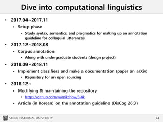 Dive into computational linguistics
• 2017.04~2017.11
 Setup phase
• Study syntax, semantics, and pragmatics for making up an annotation
guideline for colloquial utterances
• 2017.12~2018.08
 Corpus annotation
• Along with undergraduate students (design project)
• 2018.09~2018.11
 Implement classifiers and make a documentation (paper on arXiv)
• Repository for an open sourcing
• 2018.12~
 Modifying & maintaining the repository
• https://github.com/warnikchow/3i4k
 Article (in Korean) on the annotation guideline (DisCog 26:3)
24
 