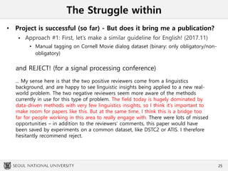 The Struggle within
• Project is successful (so far) - But does it bring me a publication?
 Approach #1: First, let’s make a similar guideline for English! (2017.11)
• Manual tagging on Cornell Movie dialog dataset (binary: only obligatory/non-
obligatory)
25
and REJECT! (for a signal processing conference)
... My sense here is that the two positive reviewers come from a linguistics
background, and are happy to see linguistic insights being applied to a new real-
world problem. The two negative reviewers seem more aware of the methods
currently in use for this type of problem. The field today is hugely dominated by
data-driven methods with very few linguistics insights, so I think it's important to
make room for papers like this. But at the same time, I think this is a bridge too
far for people working in this area to really engage with. There were lots of missed
opportunities – in addition to the reviewers' comments, this paper would have
been saved by experiments on a common dataset, like DSTC2 or ATIS. I therefore
hesitantly recommend reject.
 