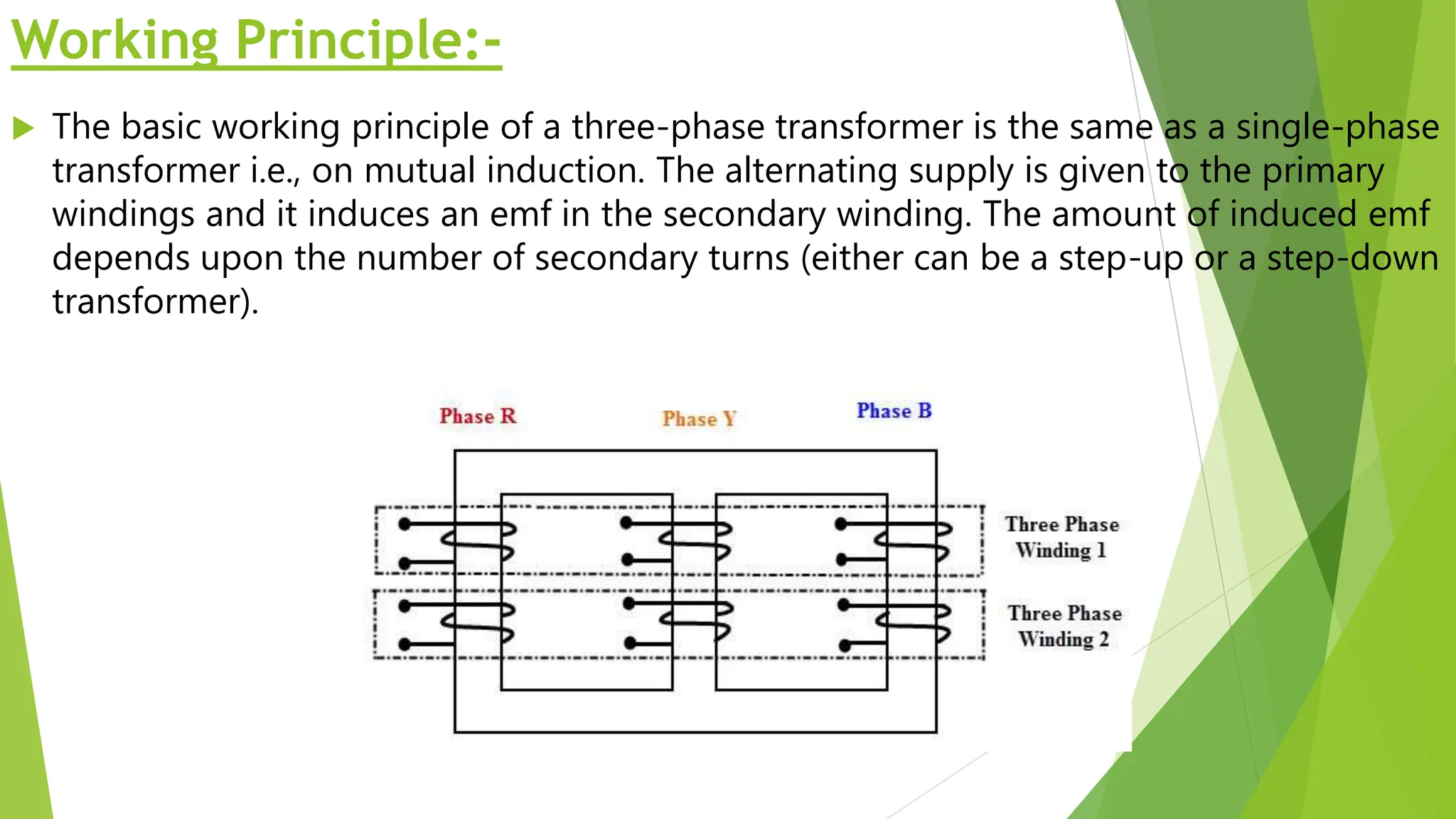 Working Principle:-
 The basic working principle of a three-phase transformer is the same as a single-phase
transformer i.e., on mutual induction. The alternating supply is given to the primary
windings and it induces an emf in the secondary winding. The amount of induced emf
depends upon the number of secondary turns (either can be a step-up or a step-down
transformer).
 