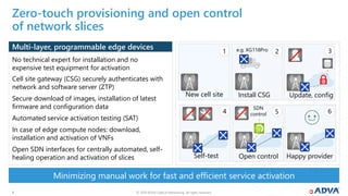© 2019 ADVA Optical Networking. All rights reserved.66
No technical expert for installation and no
expensive test equipment for activation
Cell site gateway (CSG) securely authenticates with
network and software server (ZTP)
Secure download of images, installation of latest
firmware and configuration data
Automated service activation testing (SAT)
In case of edge compute nodes: download,
installation and activation of VNFs
Open SDN interfaces for centrally automated, self-
healing operation and activation of slices
Multi-layer, programmable edge devices
Minimizing manual work for fast and efficient service activation
Zero-touch provisioning and open control
of network slices
New cell site Update, config
Happy provider
Install CSG
Self-test Open control
SDN
control
1 2 3
4 65
e.g. XG118Pro
 