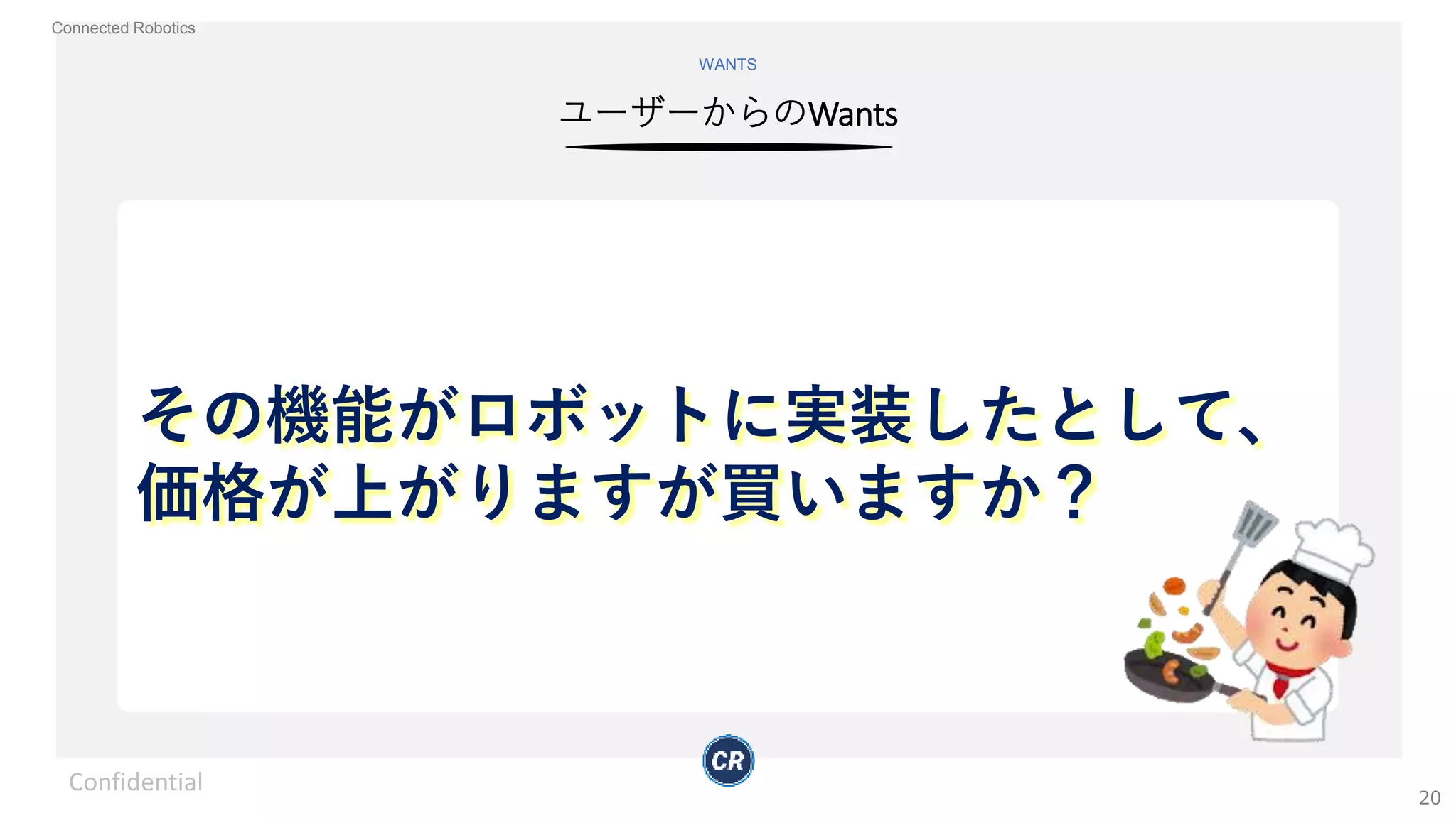 Connected Robotics
ユーザーからのWants
WANTS
その機能がロボットに実装したとして、
価格が上がりますが買いますか？
Confidential
20
 