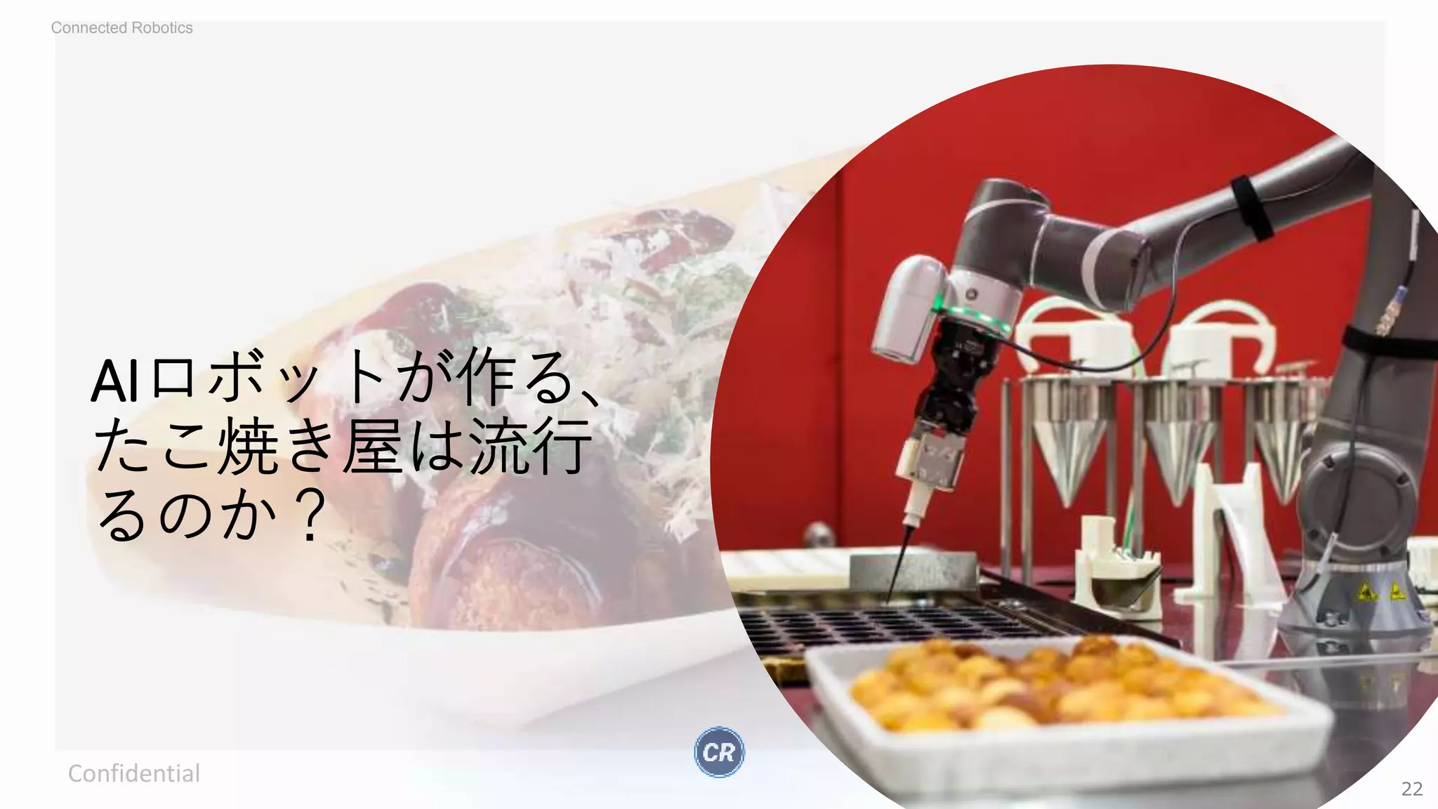 Connected Robotics
AIロボットが作る、
たこ焼き屋は流行
るのか？
Confidential
22
 