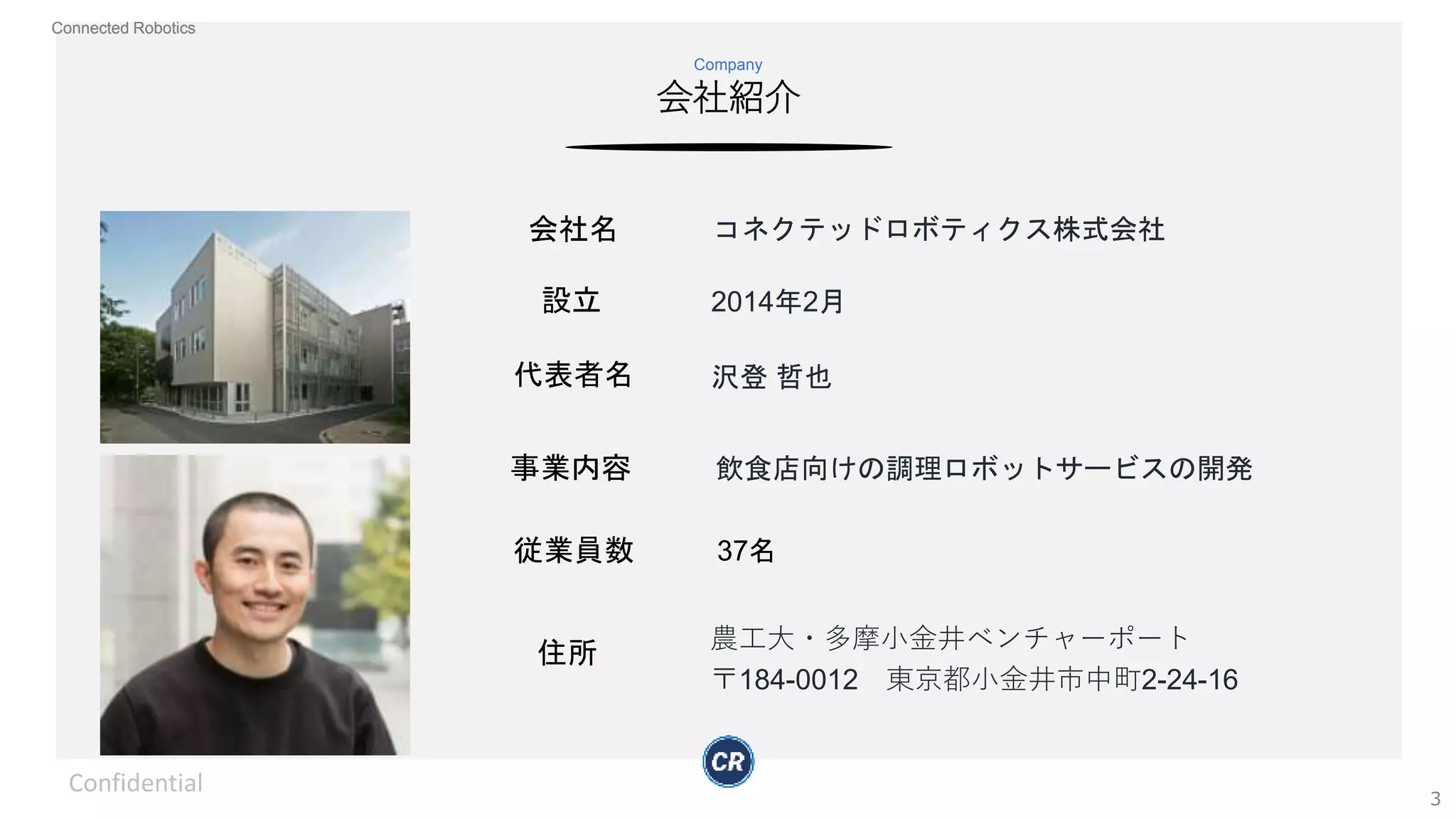 Connected Robotics
会社紹介
Company
Connected Robotics
コネクテッドロボティクス株式会社
沢登 哲也
2014年2月
飲食店向けの調理ロボットサービスの開発
37名
事業内容
設立
代表者名
住所
従業員数
農工大・多摩小金井ベンチャーポート
〒184-0012 東京都小金井市中町2-24-16
会社名
Confidential
3
 