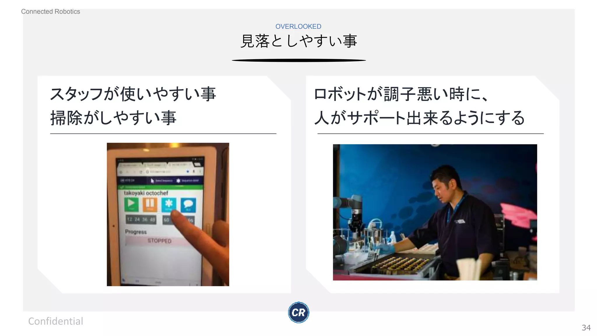 Connected Robotics
見落としやすい事
OVERLOOKED
Confidential
34
スタッフが使いやすい事
掃除がしやすい事
ロボットが調子悪い時に、
人がサポート出来るようにする
 