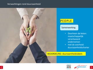 PEOPLE
• Doorheen de keten:
maatschappelijk
verantwoord
ondernemen
• met de overheid:
duurzaamheidscharter
Verwachtingen rond duurzaamheid
BEOORDELING: duurzaamheidslabels
Samenwerking
 
