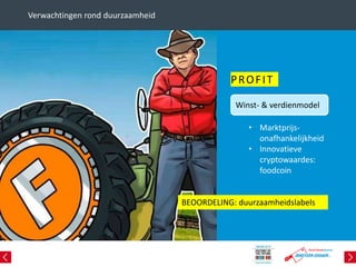 PROFIT
• Marktprijs-
onafhankelijkheid
• Innovatieve
cryptowaardes:
foodcoin
Verwachtingen rond duurzaamheid
BEOORDELING: duurzaamheidslabels
Winst- & verdienmodel
 