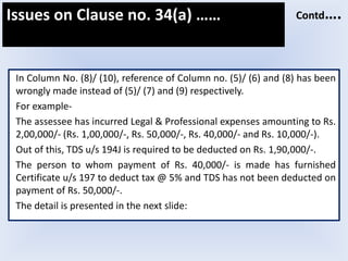 In Column No. (8)/ (10), reference of Column no. (5)/ (6) and (8) has been
wrongly made instead of (5)/ (7) and (9) respectively.
For example-
The assessee has incurred Legal & Professional expenses amounting to Rs.
2,00,000/- (Rs. 1,00,000/-, Rs. 50,000/-, Rs. 40,000/- and Rs. 10,000/-).
Out of this, TDS u/s 194J is required to be deducted on Rs. 1,90,000/-.
The person to whom payment of Rs. 40,000/- is made has furnished
Certificate u/s 197 to deduct tax @ 5% and TDS has not been deducted on
payment of Rs. 50,000/-.
The detail is presented in the next slide:
Issues on Clause no. 34(a) …… Contd….
 