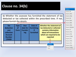b) Whether the assessee has furnished the statement of tax
deducted or tax collected within the prescribed time. If not,
please furnish the details:
Tax
deduction
and
collection
Account
Number
(TAN)0
Type
of
Form
Due
date for
Furnish-
ing
Date of
furnishing,
if
furnished
Whether the statement of
tax deducted or collected
contains information
about all transactions
which are required to be
reported
Clause no. 34(b)
 