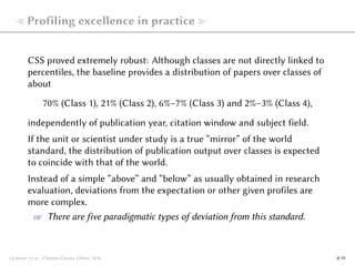  Profiling excellence in practice 
CSS proved extremely robust: Although classes are not directly linked to
percentiles, the baseline provides a distribution of papers over classes of
about
70% (Class 1), 21% (Class 2), 6%–7% (Class 3) and 2%–3% (Class 4),
independently of publication year, citation window and subject field.
If the unit or scientist under study is a true “mirror” of the world
standard, the distribution of publication output over classes is expected
to coincide with that of the world.
Instead of a simple “above” and “below” as usually obtained in research
evaluation, deviations from the expectation or other given profiles are
more complex.
☞ There are five paradigmatic types of deviation from this standard.
Glänzel et al., Citation Classes, Ghent, 2016 8/19
 