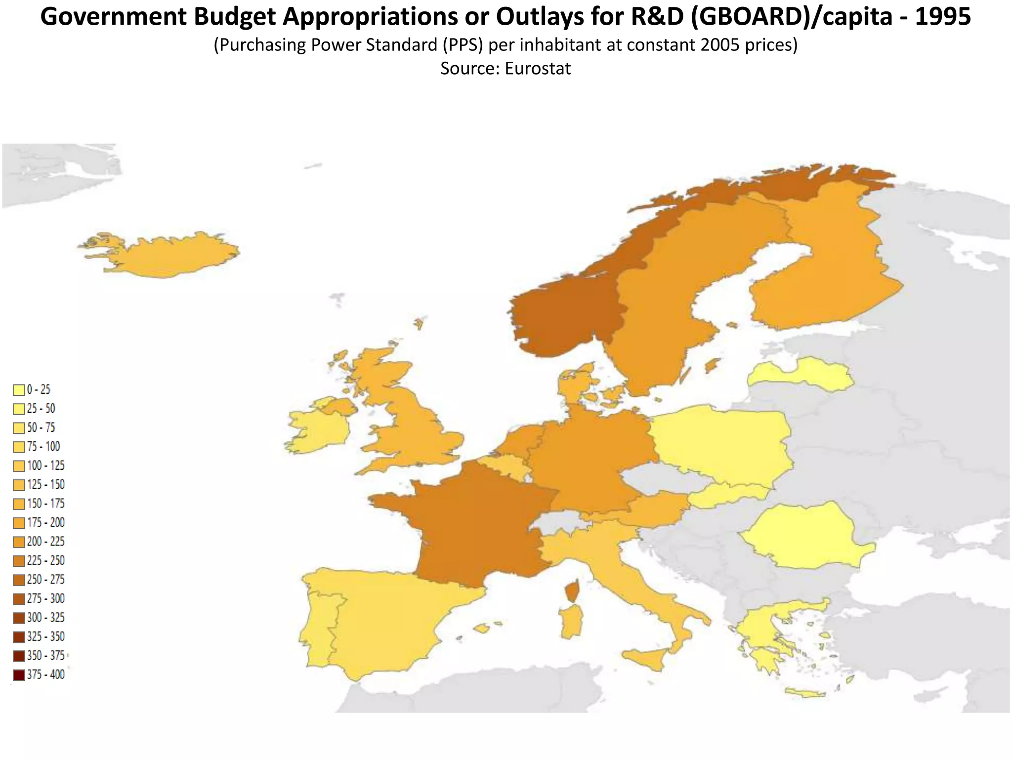 Government Budget Appropriations or Outlays for R&D (GBOARD)/capita - 1995
(Purchasing Power Standard (PPS) per inhabitant at constant 2005 prices)
Source: Eurostat
 