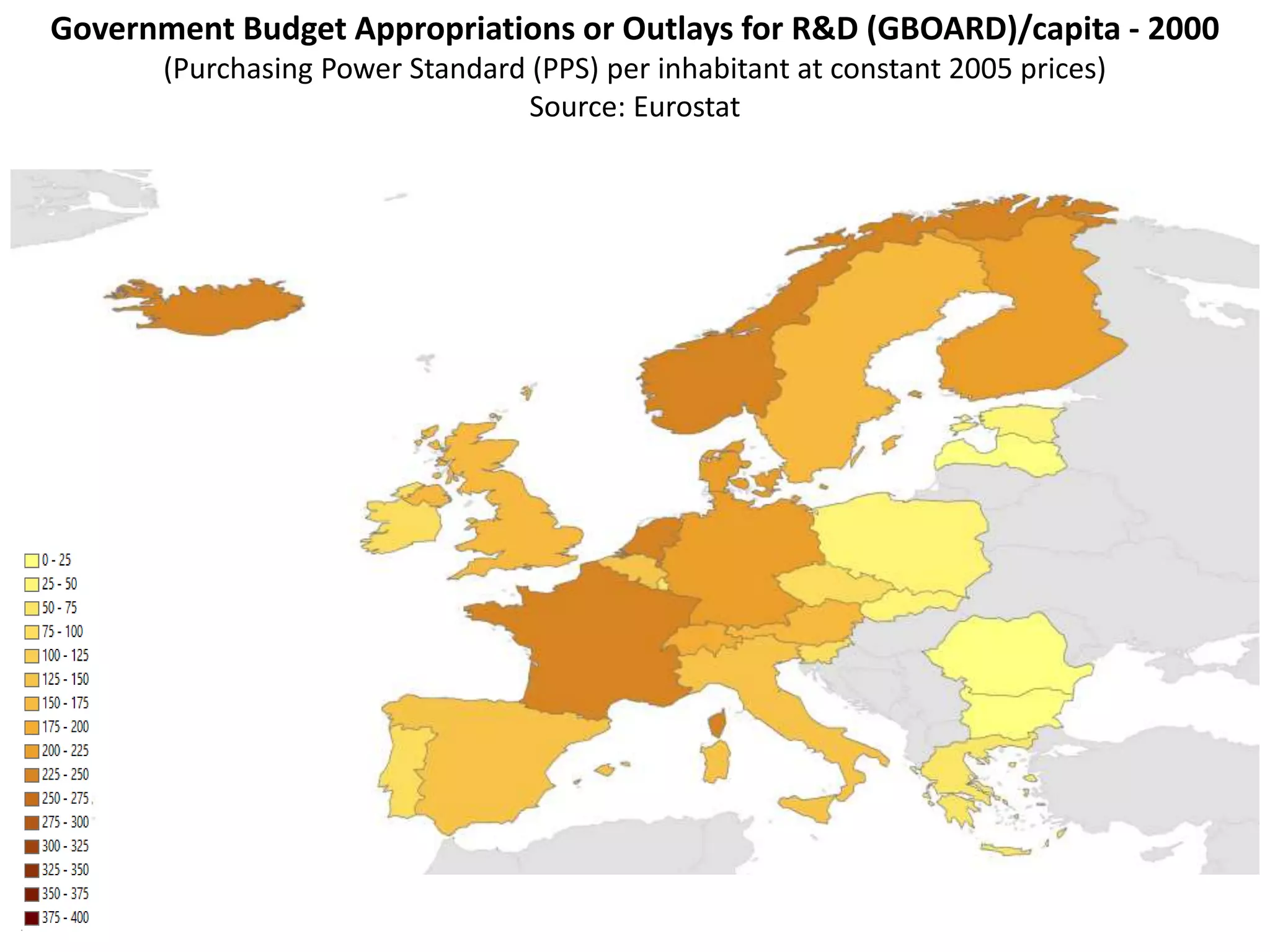 Government Budget Appropriations or Outlays for R&D (GBOARD)/capita - 2000
(Purchasing Power Standard (PPS) per inhabitant at constant 2005 prices)
Source: Eurostat
 