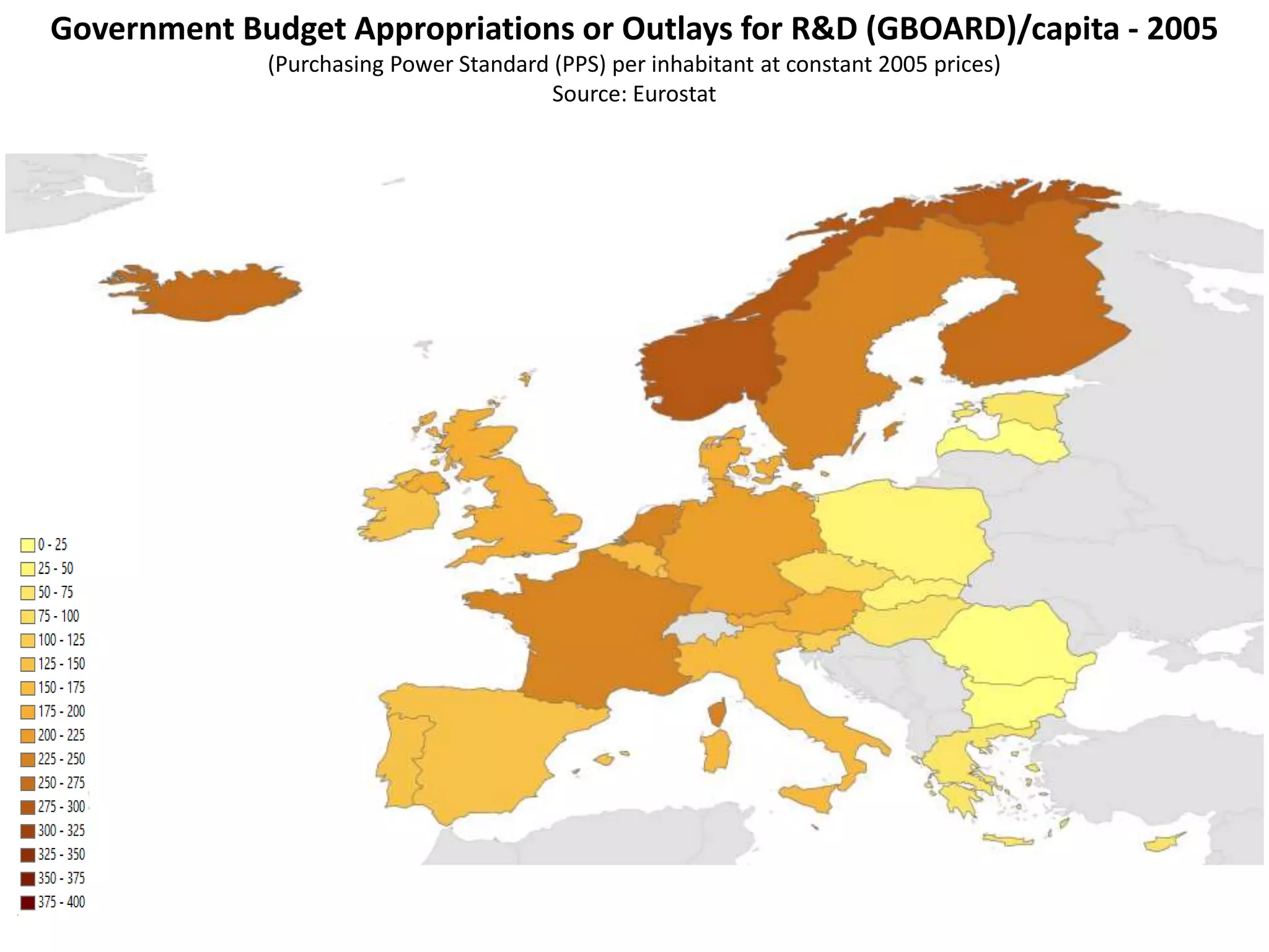 Government Budget Appropriations or Outlays for R&D (GBOARD)/capita - 2005
(Purchasing Power Standard (PPS) per inhabitant at constant 2005 prices)
Source: Eurostat
 