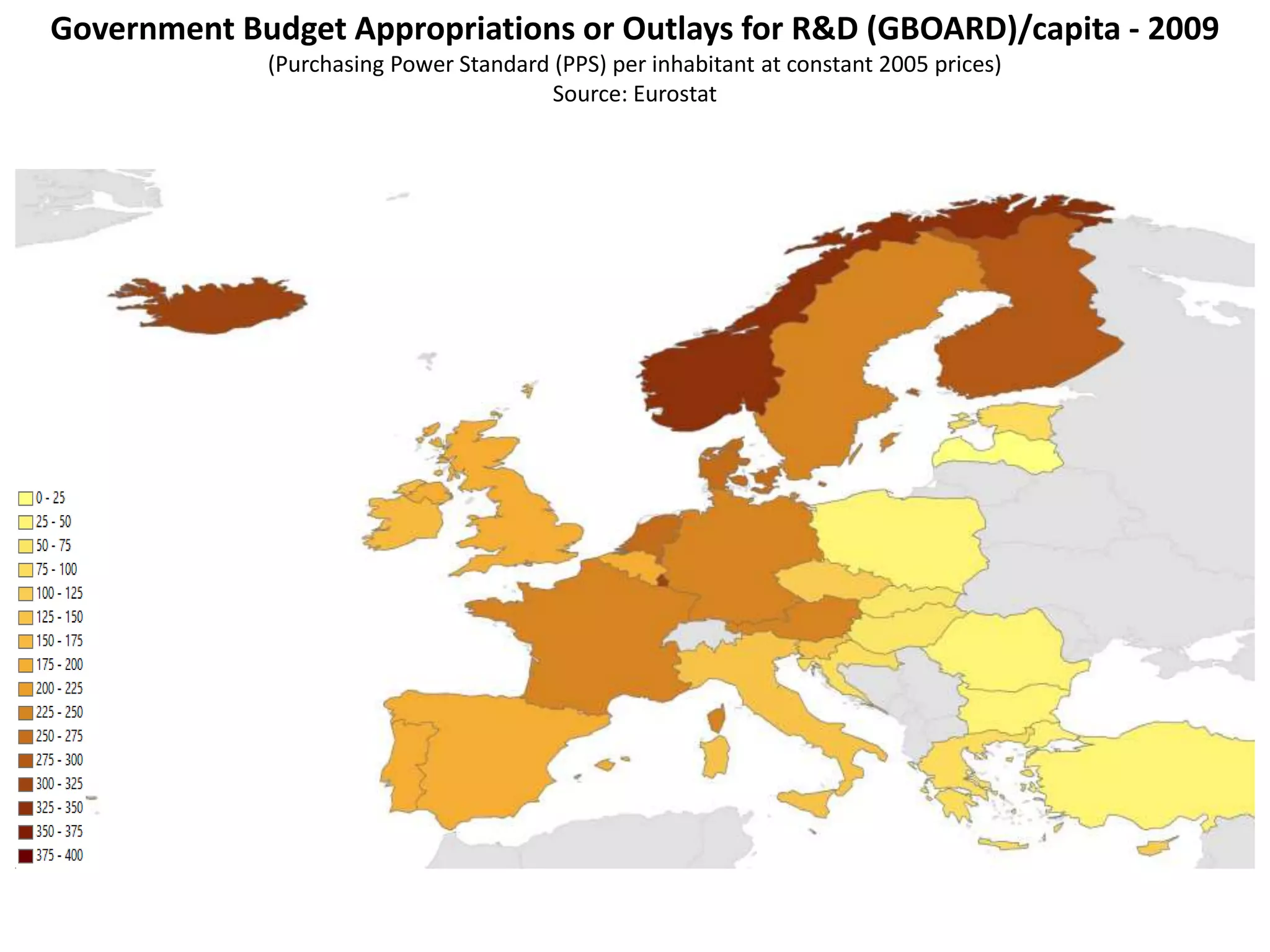 Government Budget Appropriations or Outlays for R&D (GBOARD)/capita - 2009
(Purchasing Power Standard (PPS) per inhabitant at constant 2005 prices)
Source: Eurostat
 