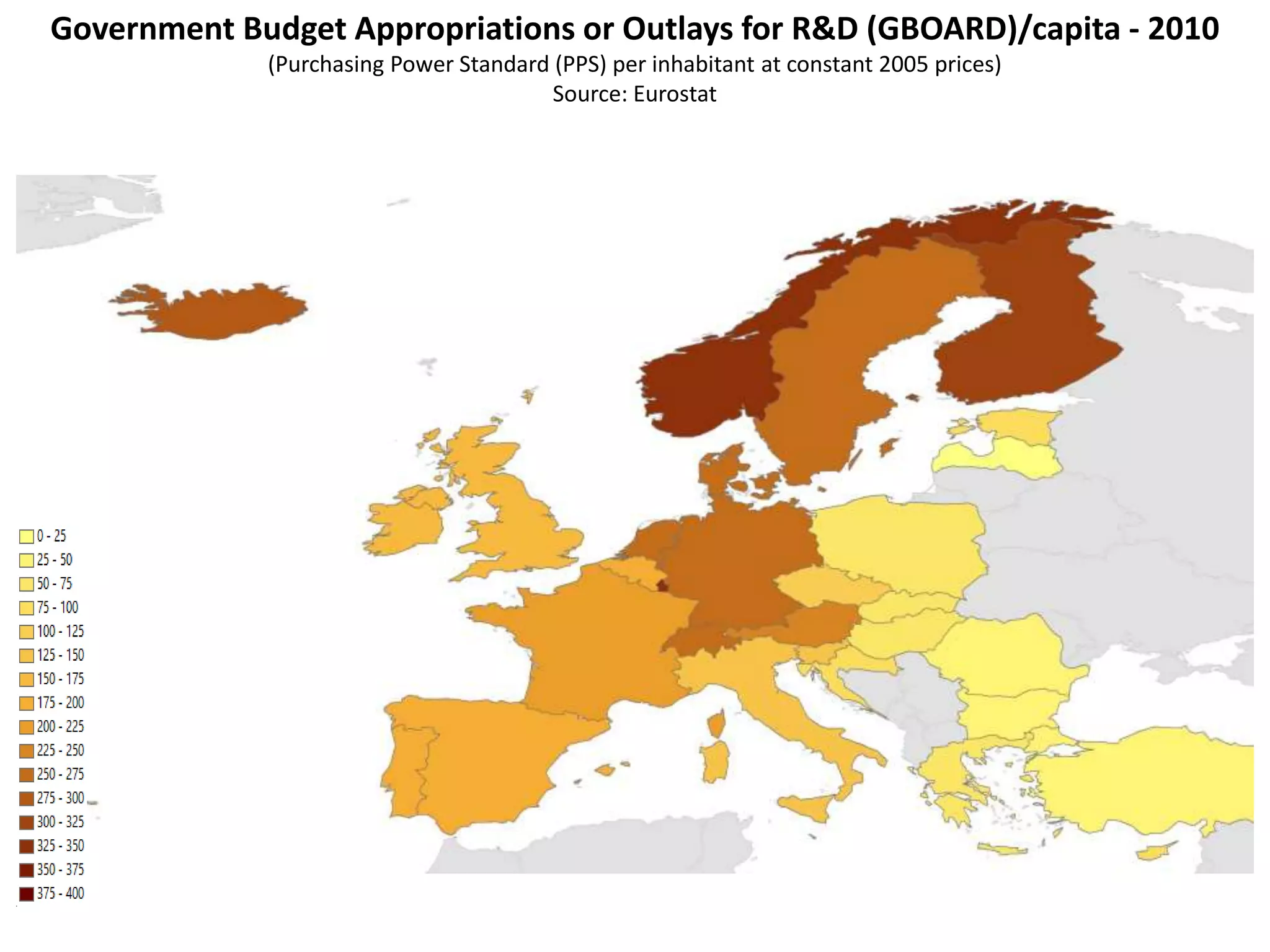 Government Budget Appropriations or Outlays for R&D (GBOARD)/capita - 2010
(Purchasing Power Standard (PPS) per inhabitant at constant 2005 prices)
Source: Eurostat
 