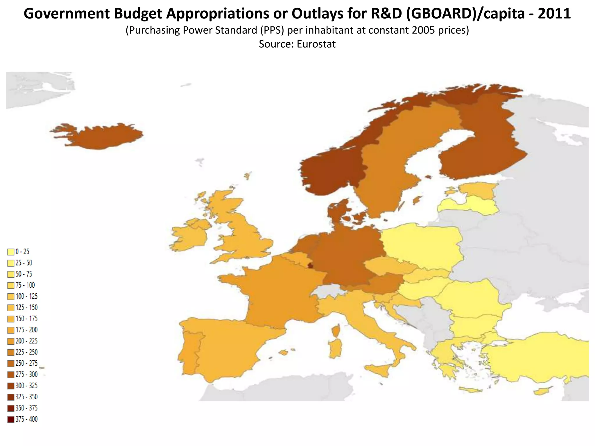 Government Budget Appropriations or Outlays for R&D (GBOARD)/capita - 2011
(Purchasing Power Standard (PPS) per inhabitant at constant 2005 prices)
Source: Eurostat
 