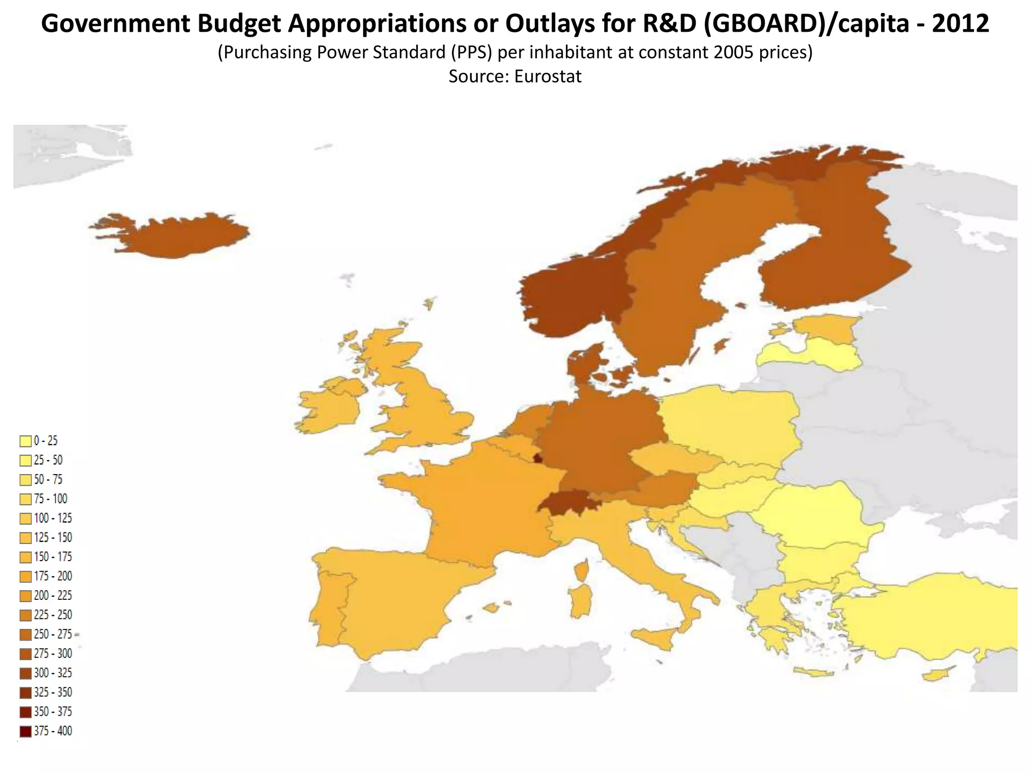 Government Budget Appropriations or Outlays for R&D (GBOARD)/capita - 2012
(Purchasing Power Standard (PPS) per inhabitant at constant 2005 prices)
Source: Eurostat
 